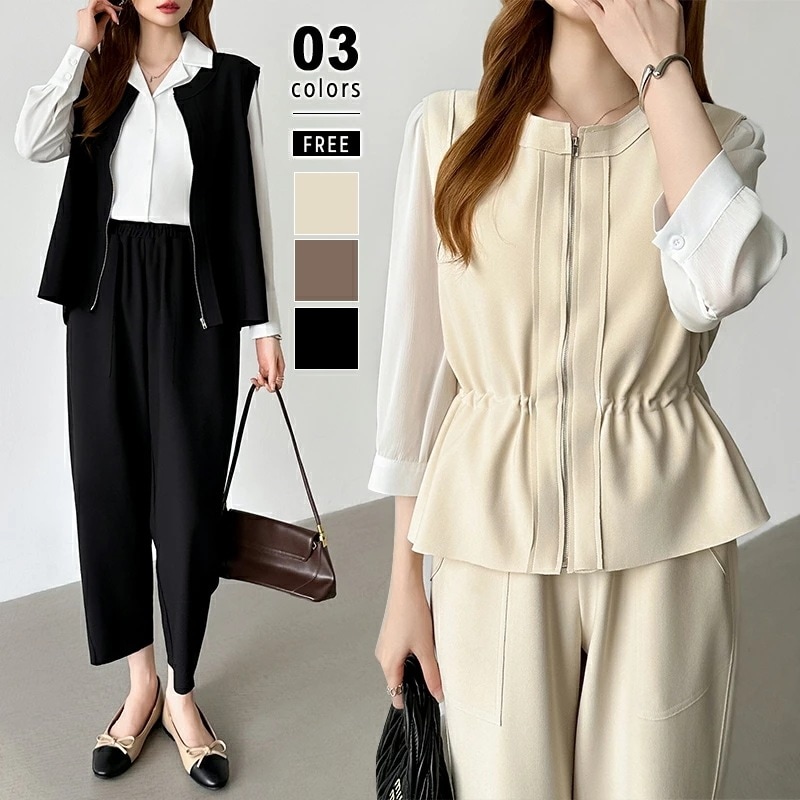 【2026年大人気】セットアップ ペプラム ベストセットアップ レディース カジュアル きれいめ ベスト ジレ トップス 前開き パンツ パンツセットアップ ウエストゴム テーパードパンツ オフィス