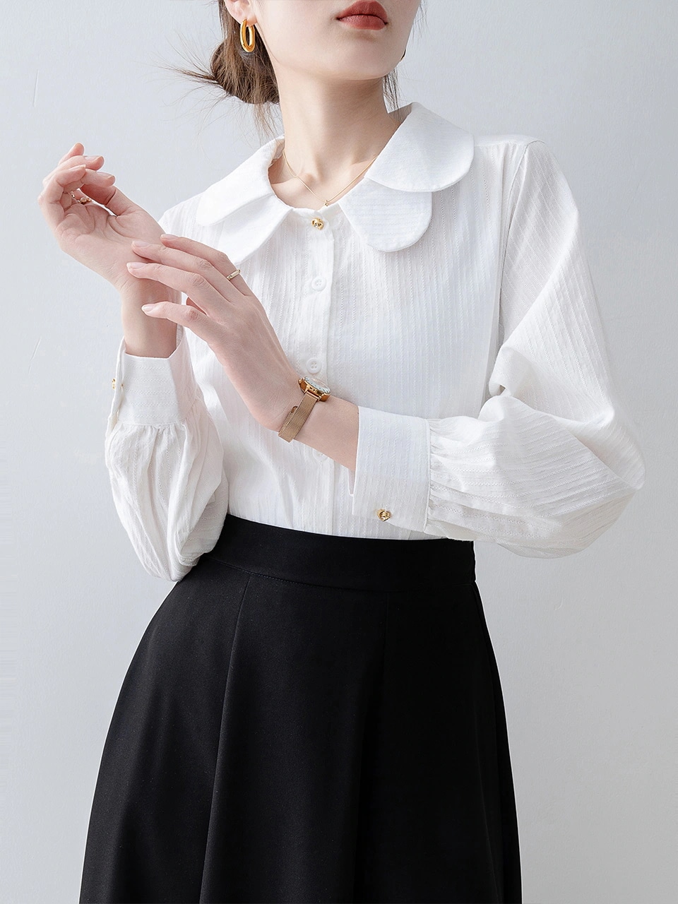 【1点ご購入 で10点プレゼントいたします】長袖白シャツ2025早春トップスドールネックシャツ小柄通勤婦人服