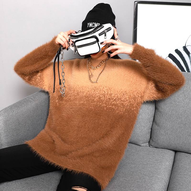 ニット グラデーション レディース セーター コーデ 暖かい ゆる ワイド 長袖 Uネック カジュアル 存在感 秋 冬 10代 20代 デート 通学 旅行 お出かけ 女子会 青 茶 ピ 大人可愛い 韓