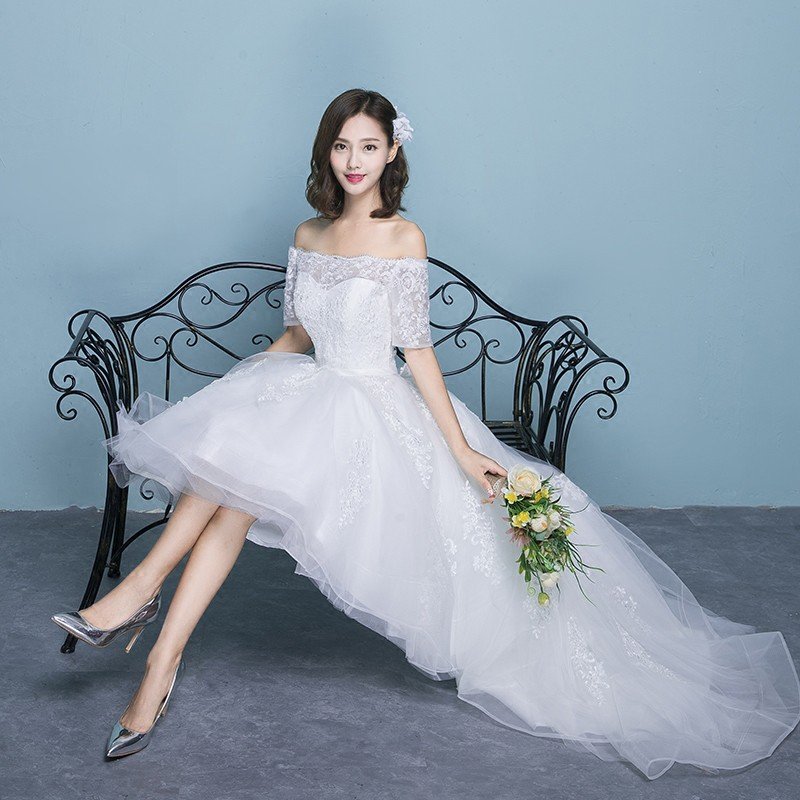 ウェディングドレス ロングドレス 半袖 安い エンパイア トレーンドレス 前ミニ ウエディングドレス