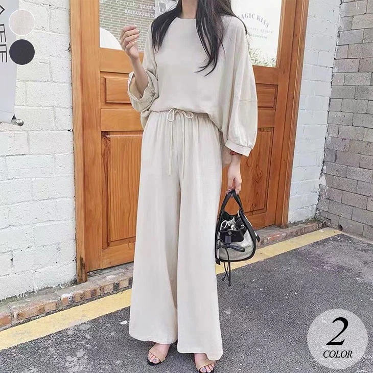 七分袖 プルオーバー ブラウス トップス ワイドパンツ セットアップ 上下 セット パンツ 楽ちん ゆったり きれいめ 上品 カジュアル フェミニン 春 夏 秋 おしゃれ 可愛い 無地 レディース 韓