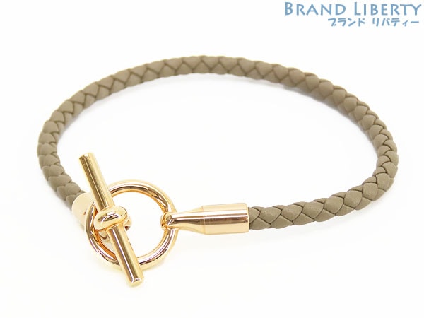 新古品エルメスHERMESグレナンシングル一連ブレスレットイントレチャート編み込みエトゥープピンクゴールドH071681FO18