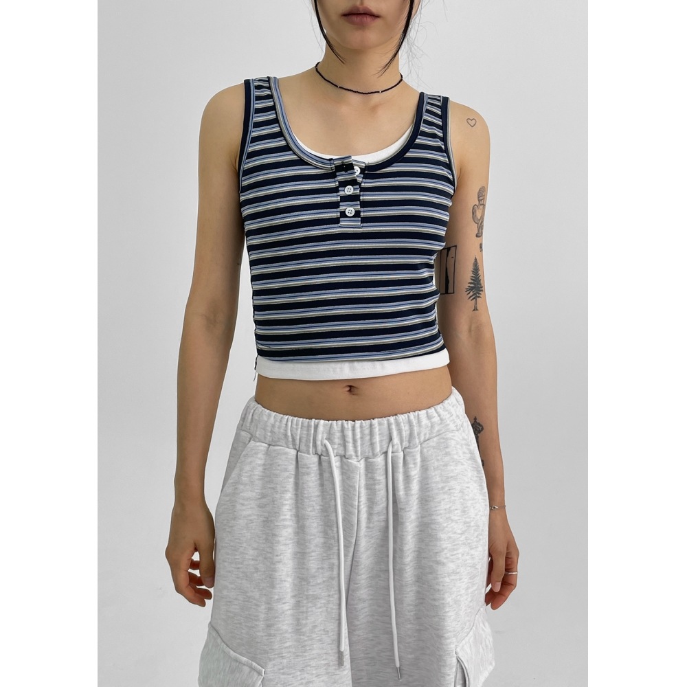 ブラックアップカムテンレイヤードストライプボタンクロップナッシュ