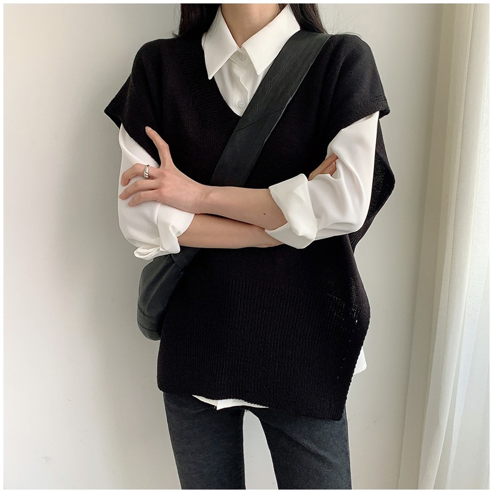 ビッグシルエットVネック ニット ベスト レディース プルオーバー ロング フェミニン リブ リブニット 伸縮性 大人可愛い シンプル カジュアル おしゃれ こなれ感 ラフ スポーティー 個性的