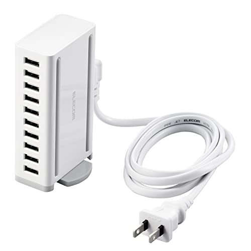 エレコム USB充電器 60W (合計最大出力) USB-A×10 【 iPhone15 / Android / 各種タブレット 対応 】 ACケーブル付属 1.5m EC-ACD04WH