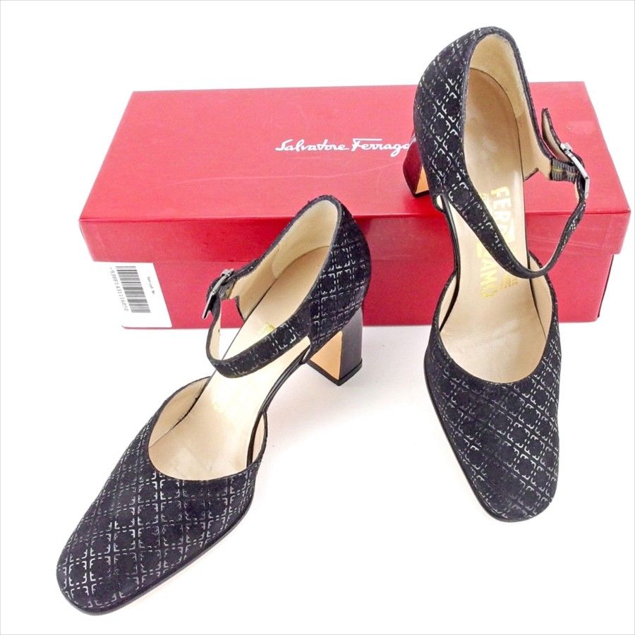 パンプス シューズ 靴 アンクルストラップ 5C チャンキーヒール ブラック系 中古