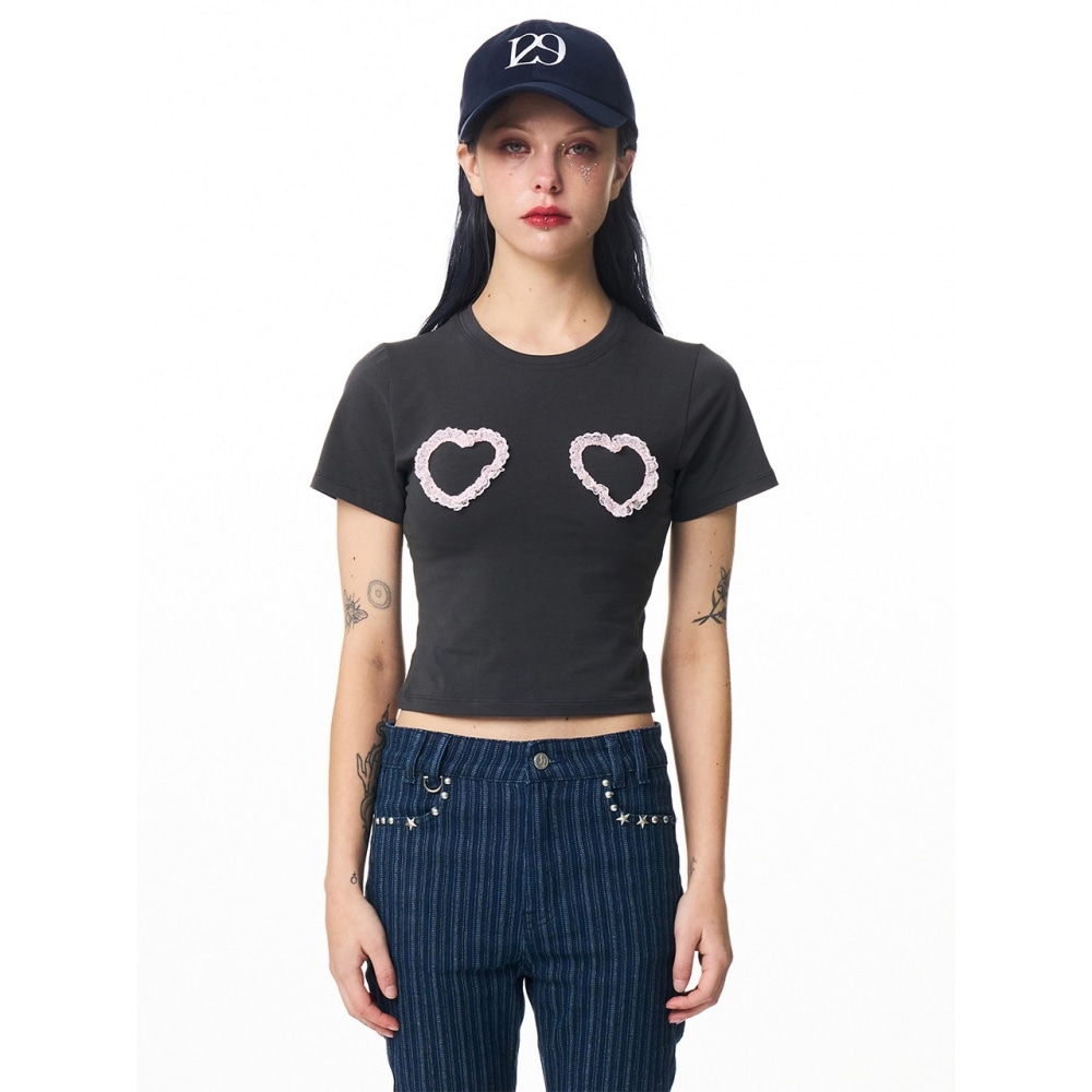 ILLIGO ハートレースフィットクロップTシャツチャコール