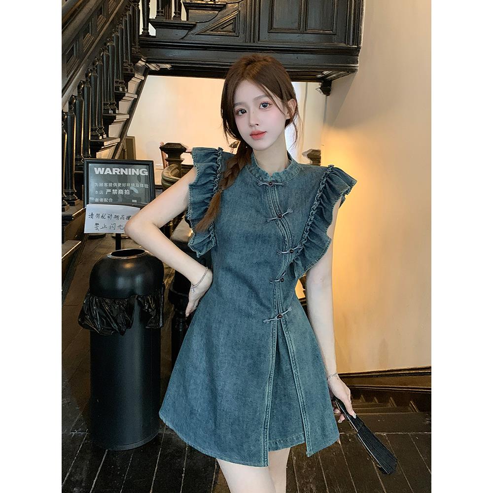 【急速出荷!】ニューデザイン デニムワンピ ワンピース ウエスト引き締め ショット丈 Aライン デザイン感 着痩せ 4,757円