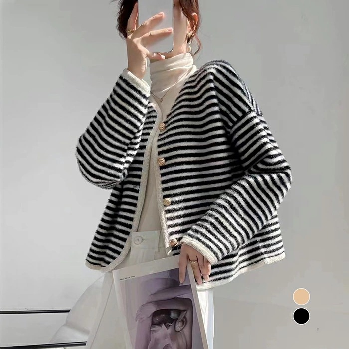 ボーダー柄ニットカーデ カーディガン ボーダー ボーダージャケット ファー カーディガン 裏起毛 ファーカーディガン ふわふわ もこもこ レディース 秋冬 フリー ジャケット 長袖 ニット Vネック