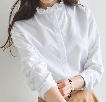 トップス シャツ ブラウス カットソー 白シャツ 白トップス 袖あり 長袖 襟付き スタンドカラー ストレート フリル きれいめ シンプル 大人 上品 おしゃれ お洒落 クール モード系 フォーマル