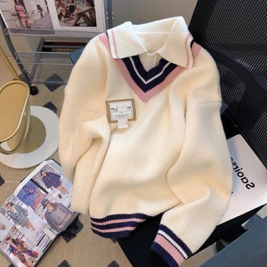 ニットトップス レディース ニット セーター トップス 重ね着風 フェイクツーピース レイヤード 襟あり カジュアル お出掛け 学生 ルーズ オーバーシルエット ライン プルオーバー 5,043円