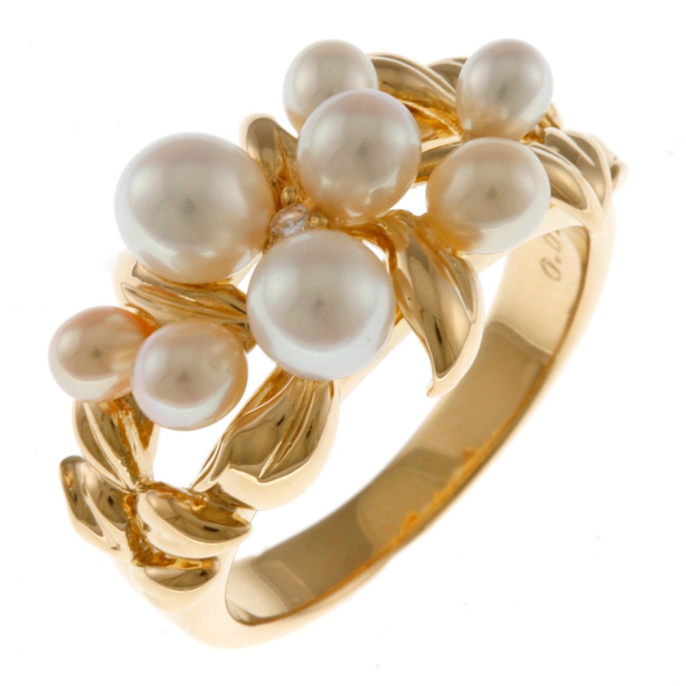 リーフ リング 指輪 13号 18金 K18ゴールド 淡水パール ダイヤモンド 0.01ct 中古 美品