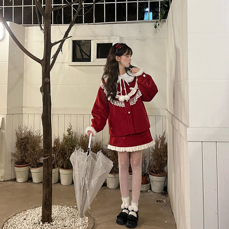 クリスマスセットレッド 冬服 ショット丈ウールコート+セクシーミニスカー ト+長袖シャツ 上下3点セット