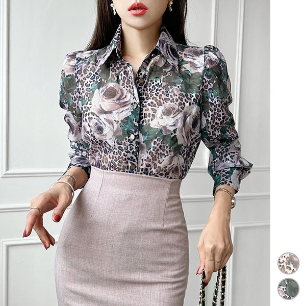 ブラウス レディース 長袖 トップス 花柄 レオパード柄 ヒョウ柄 パフスリーブ 上品 おしゃれ きれいめ 春 秋 韓国 to27920