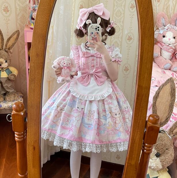 可愛いロリータ服 甘ロリ ジャンパースカート ロリータワンピース 甘いロリータ 動物柄 プリント柄 フリル プリンセスライン レースワンピース コスチューム ゴスロリ コスプレ衣装 文化祭 学園祭 イ