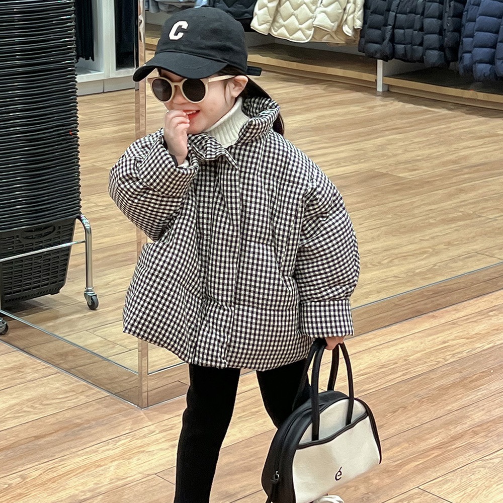 子供服2024冬韓国ガールズチェック柄コットンコート厚くて暖かい子供用ダウンコットンコート3513