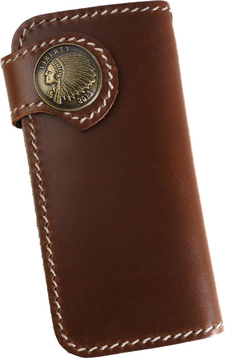 財布 メンズ バイカーズウォレット 長財布 本革 ライダースウォレット レザーウォレット 二つ折り 革財布 牛革 メンズ長財布 ロングウォレット 長サイフ(ブラウンxインディアン)