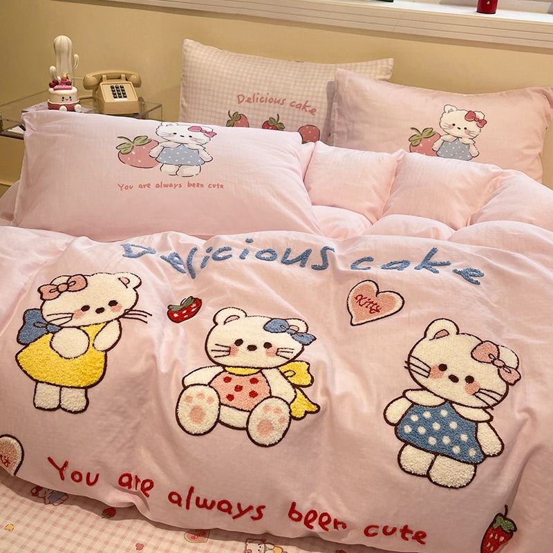 11 漫画コットン二重層糸ベッド4ピースセットピュアコットンガールハートタオル刺繍キルトカバーシートとベッドカバー3ピースセット 15,510円