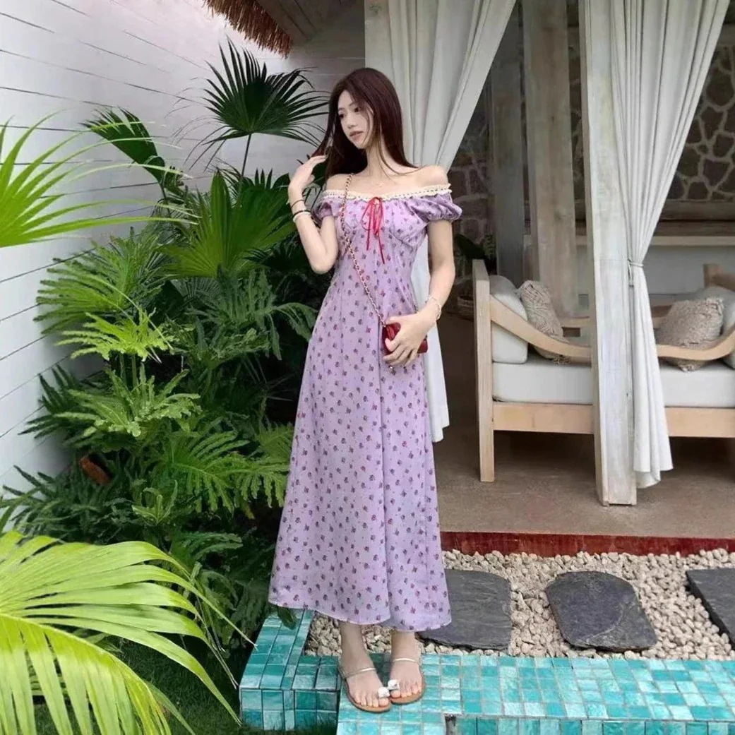 韓国ペンケース フレンチヴィンテージ風レースVネック パープル小花柄ワンピースレディース の上品なウエスト リゾート風Aラインロングワンピース その他ワンピース