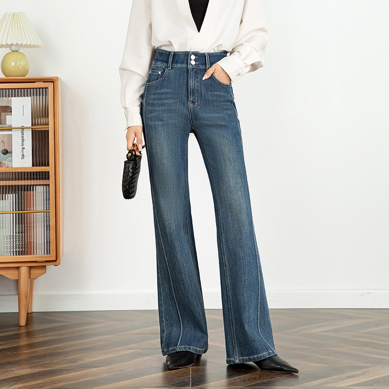 女性用4方向弾性ジーンズ2025新作丈長めハイウエストスリム床丈スリムブーツカットパンツフレアパンツ81