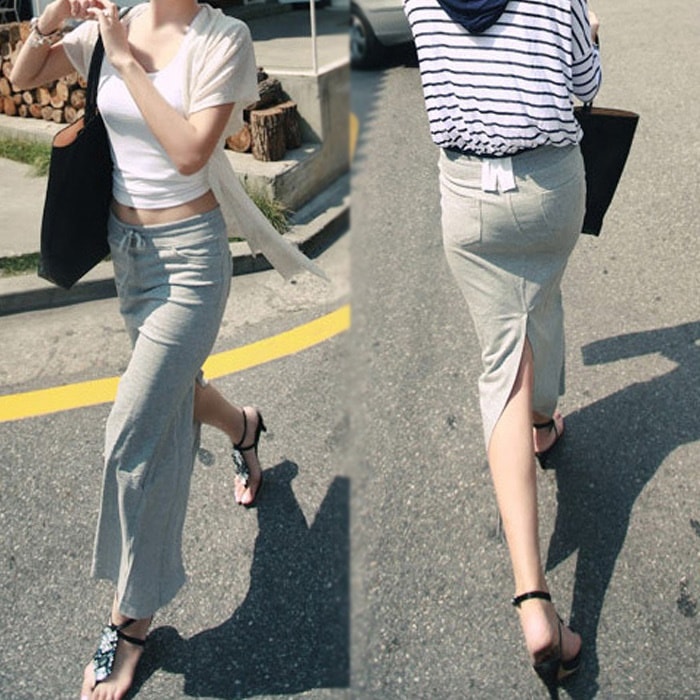 3221.シンプルなロングスカート（グレー）2019 春夏 買い物 無地 カジュアル