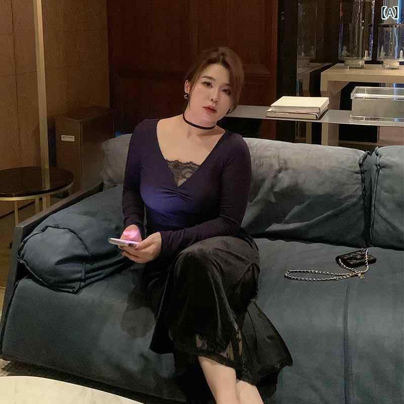 大きめサイズ レディース トップス カジュアル おしゃれ デート 女子会 普段使い ぽっちゃり 冬 レース Tシャツ 魅惑 Vネック インナー 5,461円