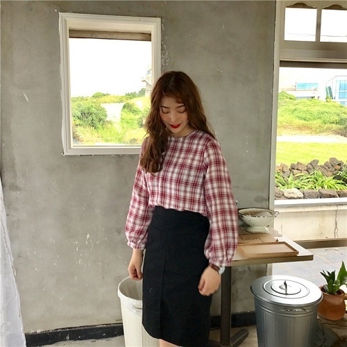 2010.チェック柄パフスリーブトップス(レッド)