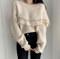 ２色 トップス ニット セーター レディース 秋冬 かわいい きれいめ カジュアル ゆったり 長袖 ミディアム丈 萌袖 オフショルダー アシンメトリー フリル もこもこ ブラック アプリコット S M