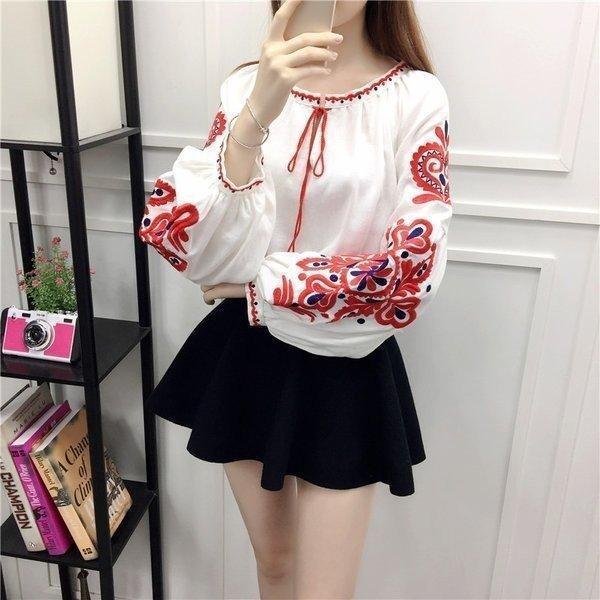 本日の限定商品 ブラウスシャツ長袖コットン花柄刺繍リボンエスニックカジュアルボリューム袖ボヘミアンGoodClothesブラウスシャツ長袖コットン