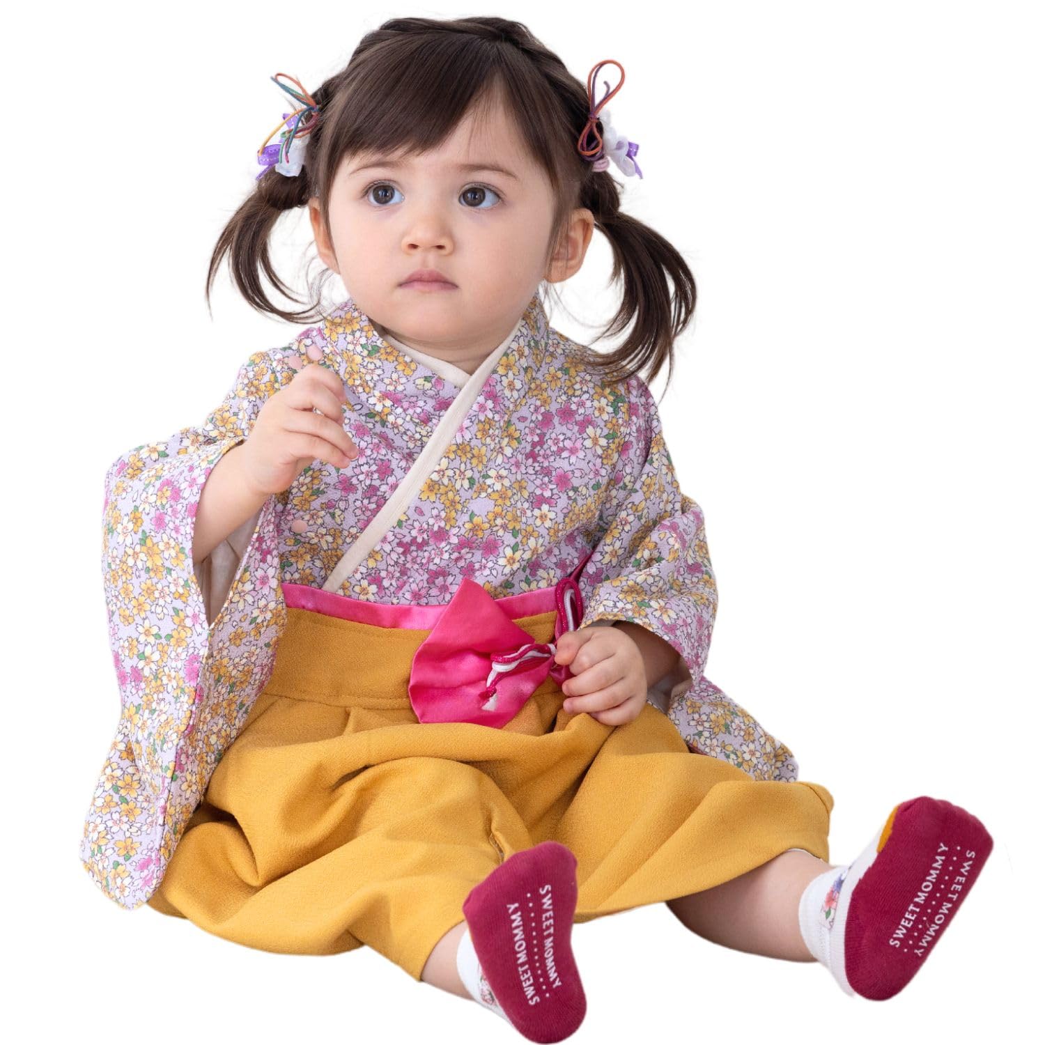 Sweet Mommy 袴 ロンパース ベビー 着物 カバーオール 和柄ちりめん オーガニックコットン裏地 女の子 桃の節句 ひな祭り お宮参り お食い初め 初節句 七五三 ラベンダー 50～70