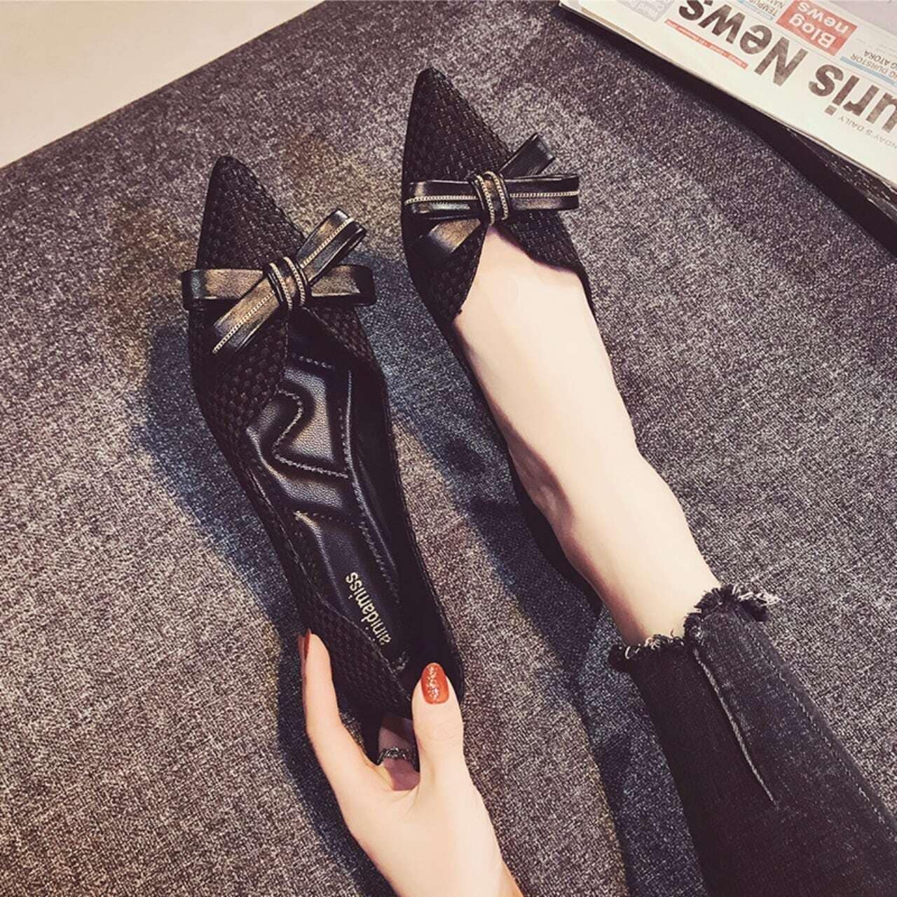 シューズ レディース パンプス フラット 22.5cm 23cm 23.5cm 24cm 24.5cm 韓国 靴 くつ マイクロファイバーレザー リボン ブラック ネイビー グレー 可愛い かわいい