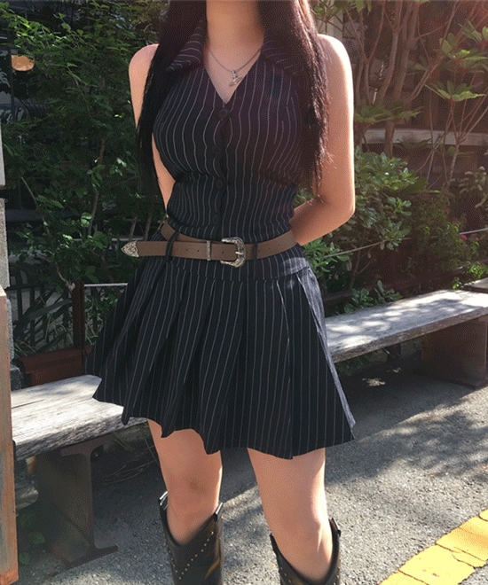 [高クオリティーver/人生ショット!/ベルトset!]1026. ホールター スリーブレス ホールター カラー キャミソール プリーツ ワンピース ストライプ ワンピース ストライプ ワンピース キ