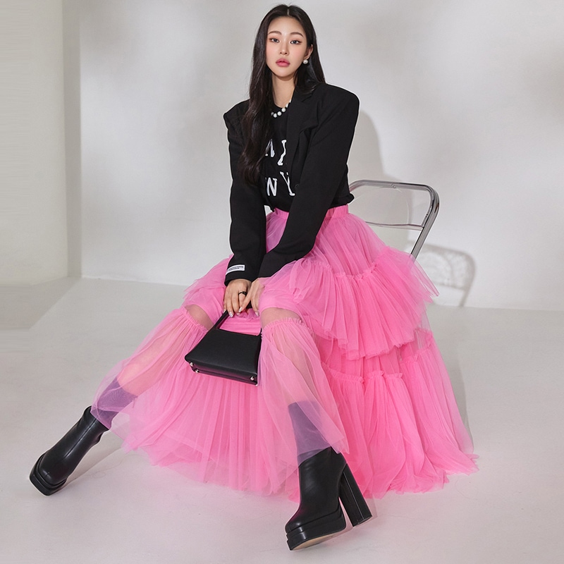 新作モデル  ディントDINT_バンディング シャー ホラン スカート ミディアムスカート オプション1:PINK