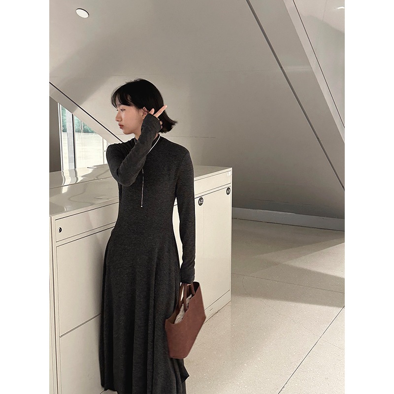 Jiangzuo 優しい成長物語スリム不規則なスイングドレス女性の秋冬ソフトワックス状ロングスカートハーフハイカラー 1226