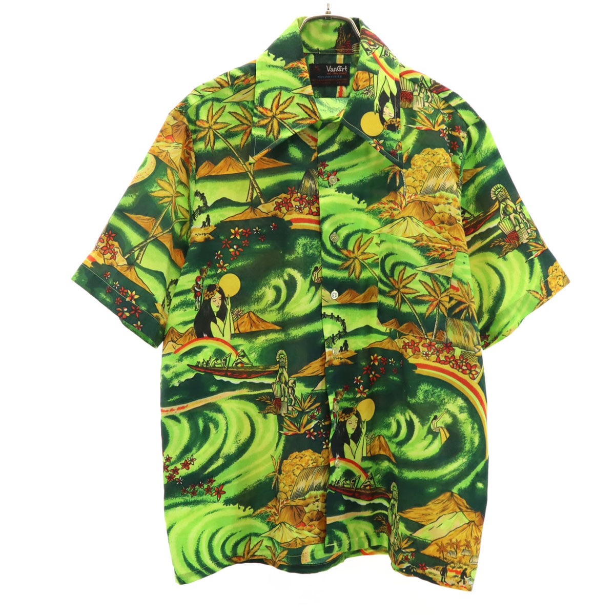 VanCoat 70s ヴィンテージ 総柄 半袖 アロハシャツ M 黄緑 メンズ 古着