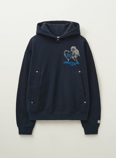 ◆SATUR◆ Angel cross stitch brushed hooded sweatshirt sky b SATUR】 ANGEL CROSS STITCH HOODIE ファッショナブルな印象を