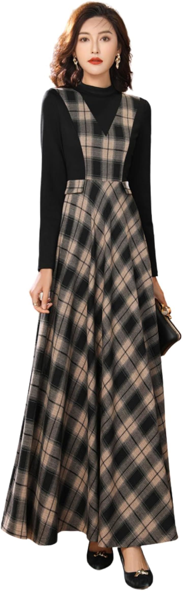 ジャンパースカート レディース ロングワンピース チェック柄 フレア 厚手 サロペットスカート 着痩せ 重ね着風 ミモレ丈 Aライン ゆったり 体型カバー Vネック(チェック, S)