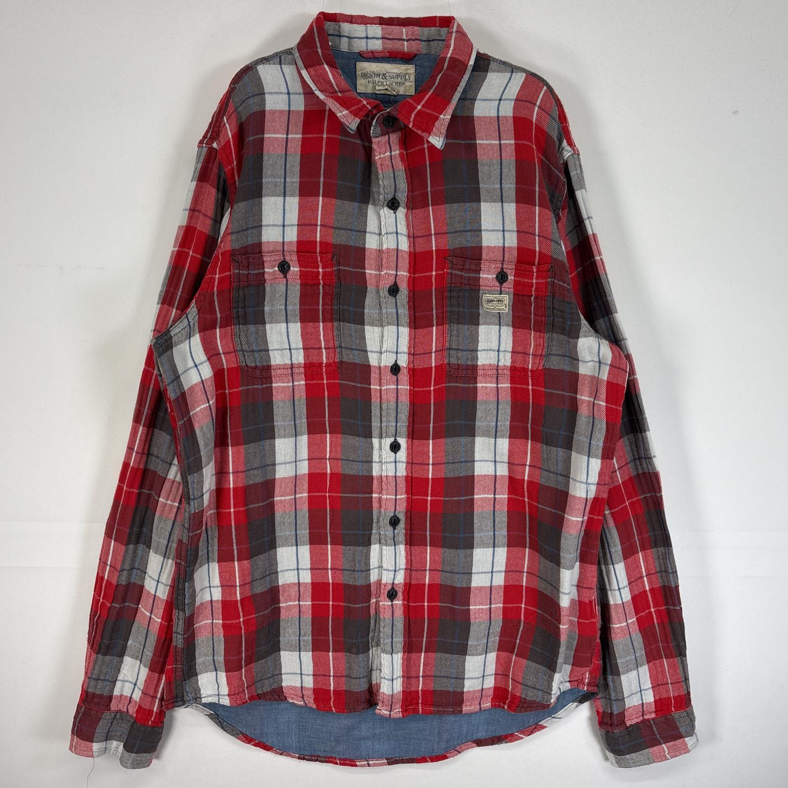 古着 デニムアンドサプライ ラルフローレン DENIM&SUPPLY Ralph Lauren 長袖シャツ チェック フランネル 裏地付き ワンポイント ロゴ L レッド系 マルチカラー メンズ
