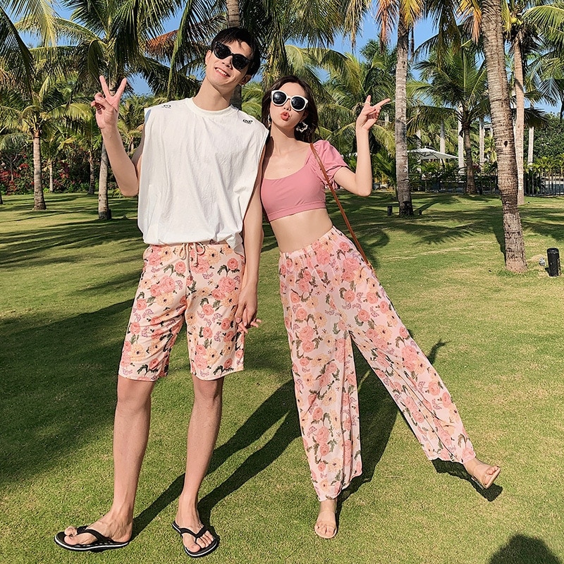 水着カップル ペア 水着 ペアルック カップル 水着 おそろい お揃い 水着 メンズ サーフパンツ ビーチパンツ 水着 レディース セパレート ロングパンツ 体型カバー カップル水着 ペア水着 大き