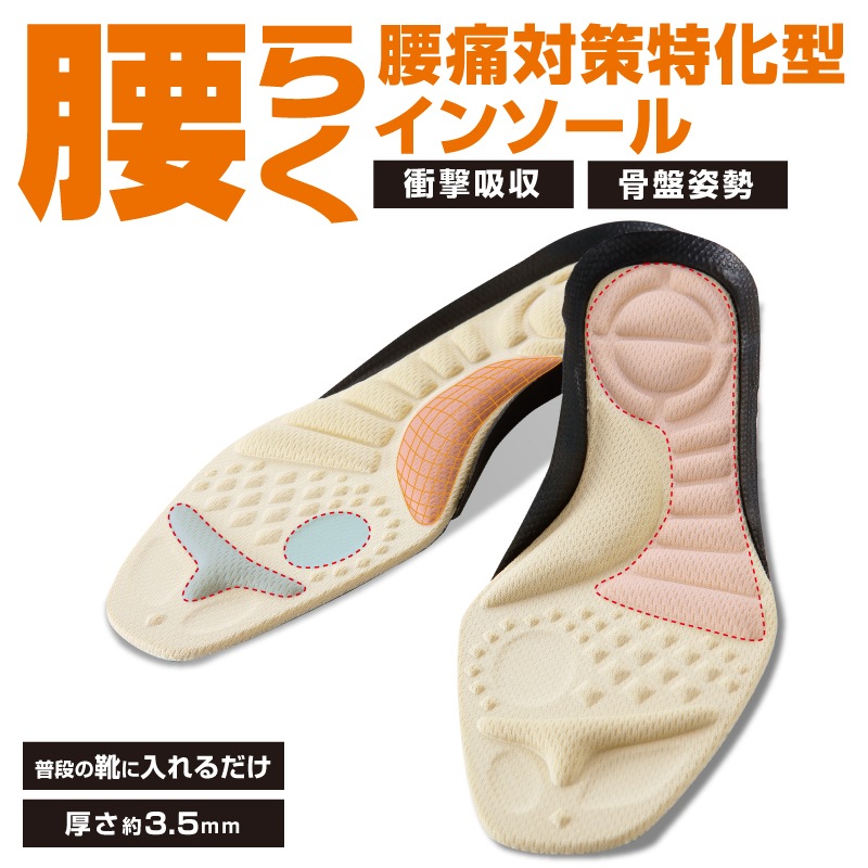 【お得!3個セット】 腰らくインソール【 シューフィッター 整体師が共同開発!腰痛対策特化型インソール 中敷き 衝撃吸収 O脚 内側傾斜 腰痛改善 骨盤 立ち仕事 疲れにくい】