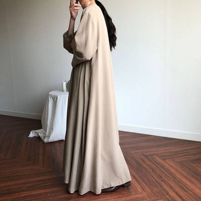2色 ワンピース レディース ロング マキシ丈 無地 長袖 Vネック ロングドレス ブラック 黒 アプリコット ベージュ ドレープ シンプル かっこいい レトロ ワンピ おしゃれ きれいめ 春 秋 1
