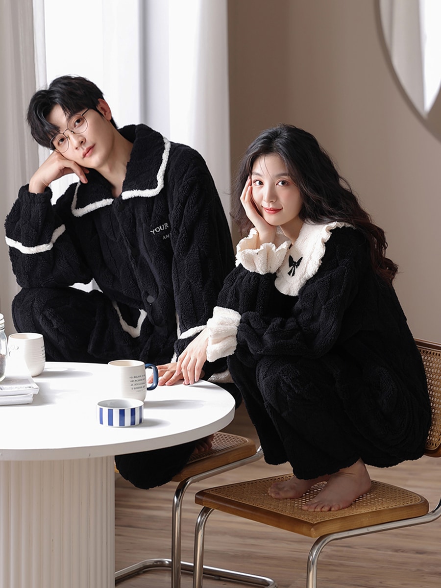 カップルのパジャマ黒い日サンゴのベルベットは男性と女性の無地のレジャーは自宅の衣類のスーツの外に行くことができる外に着用することができます