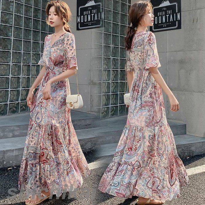 花柄フレアスカート キレイめ 夏 半袖 着痩せ ワンピース マキシ丈ワンピース 40代 シフォンワンピ 上品 オシャレ通勤 レディース ロング丈 ゆったり THOM Vネック WILLS