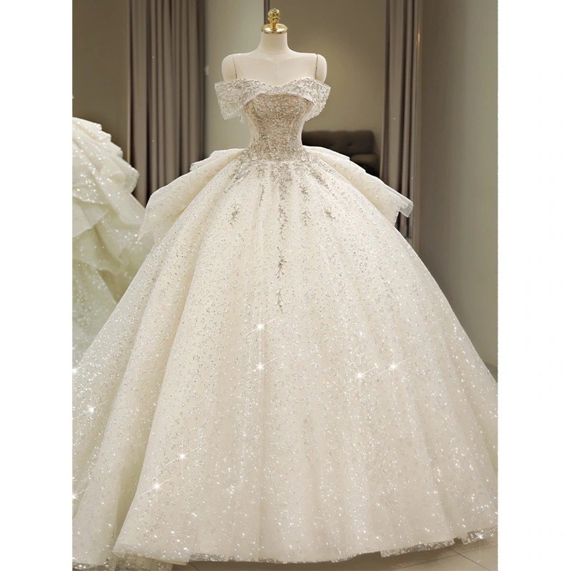 ワンショルダーウェディングドレス 2025年新花嫁 プチフレンチライトプリンセステール ハイエンドホワイトメイン糸