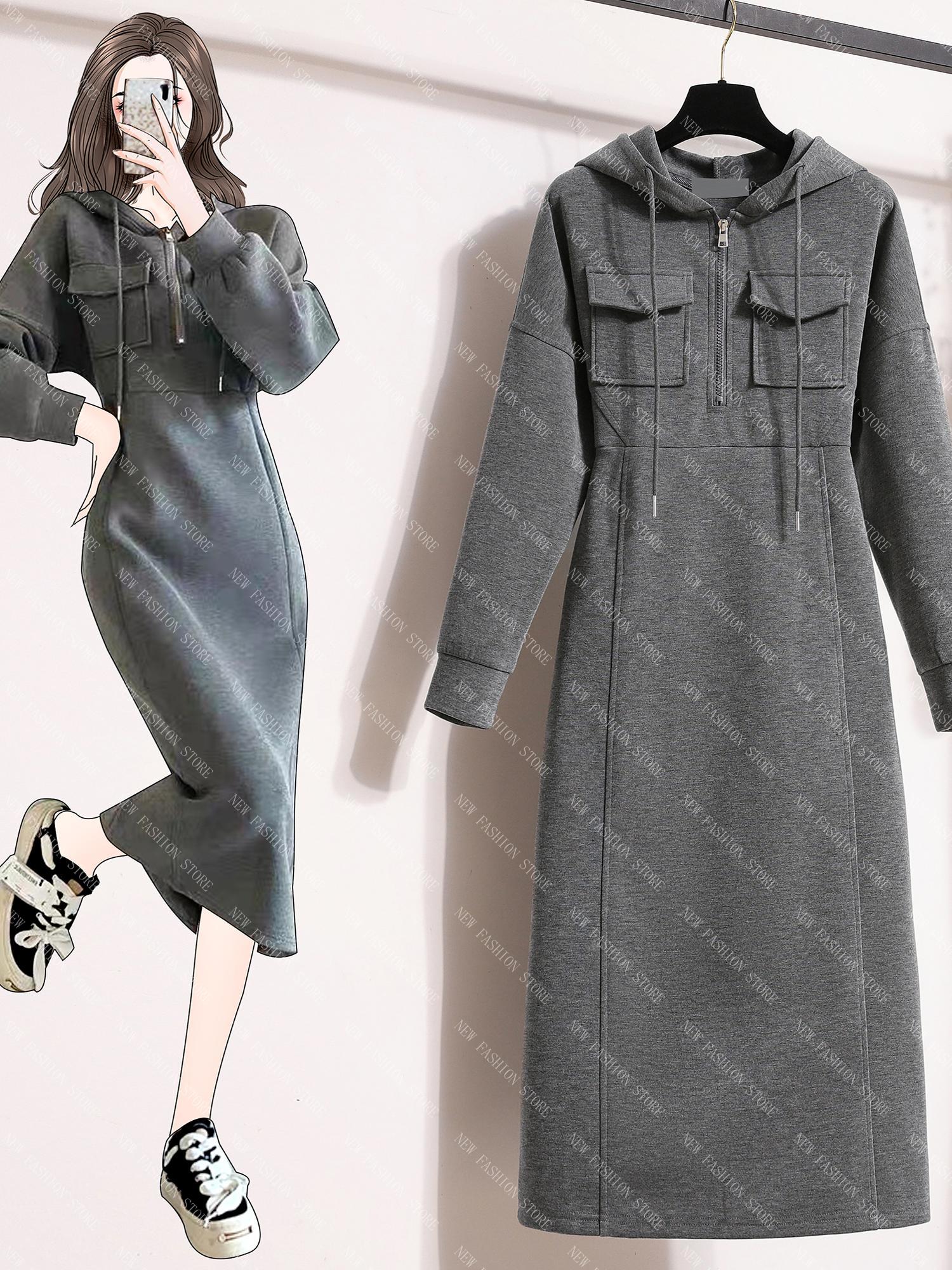 オーバーサイズワンピースレディース秋冬衛衣スカート-47