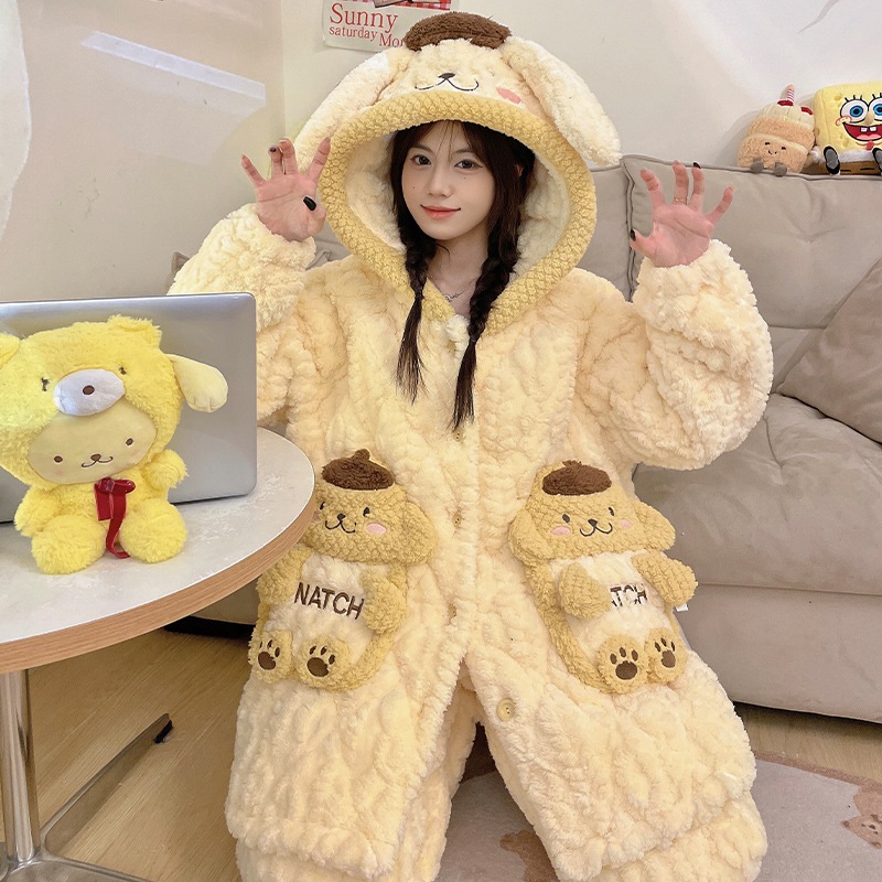 【迅速な出荷】女性用冬コーラルベルベットパジャマ3層キルティング厚手のベルベットミッドレングス秋冬ナイトガウンホームウェアセット