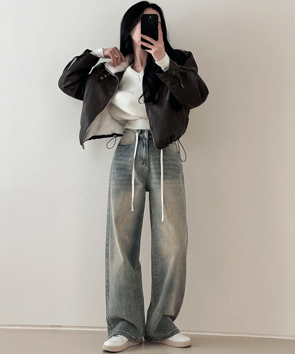 [ハイクオリティ][着飾ってない/暖かいです] オーク クロップ ミンクファー レザー ムートン ジャケット - 2color