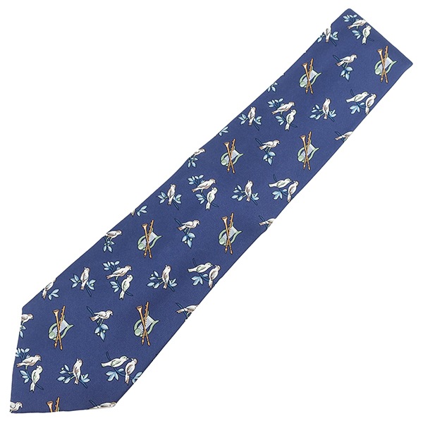 エルメス ネクタイ 9cm シルク ネイビー 楽器 すずめ 総柄 動物柄 鳥 【中古】