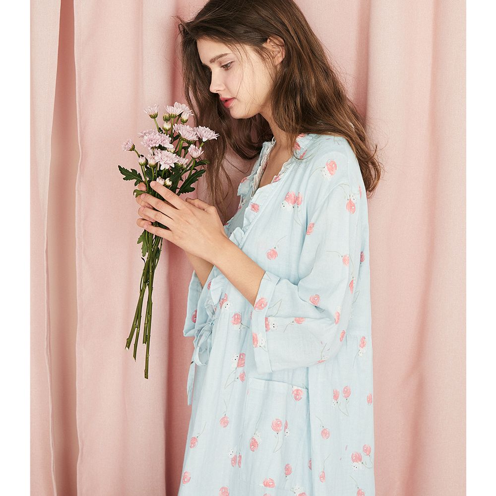 ねこ＆さくらんぼ柄 やわらかコットン ロング丈ガウン ルームウェア