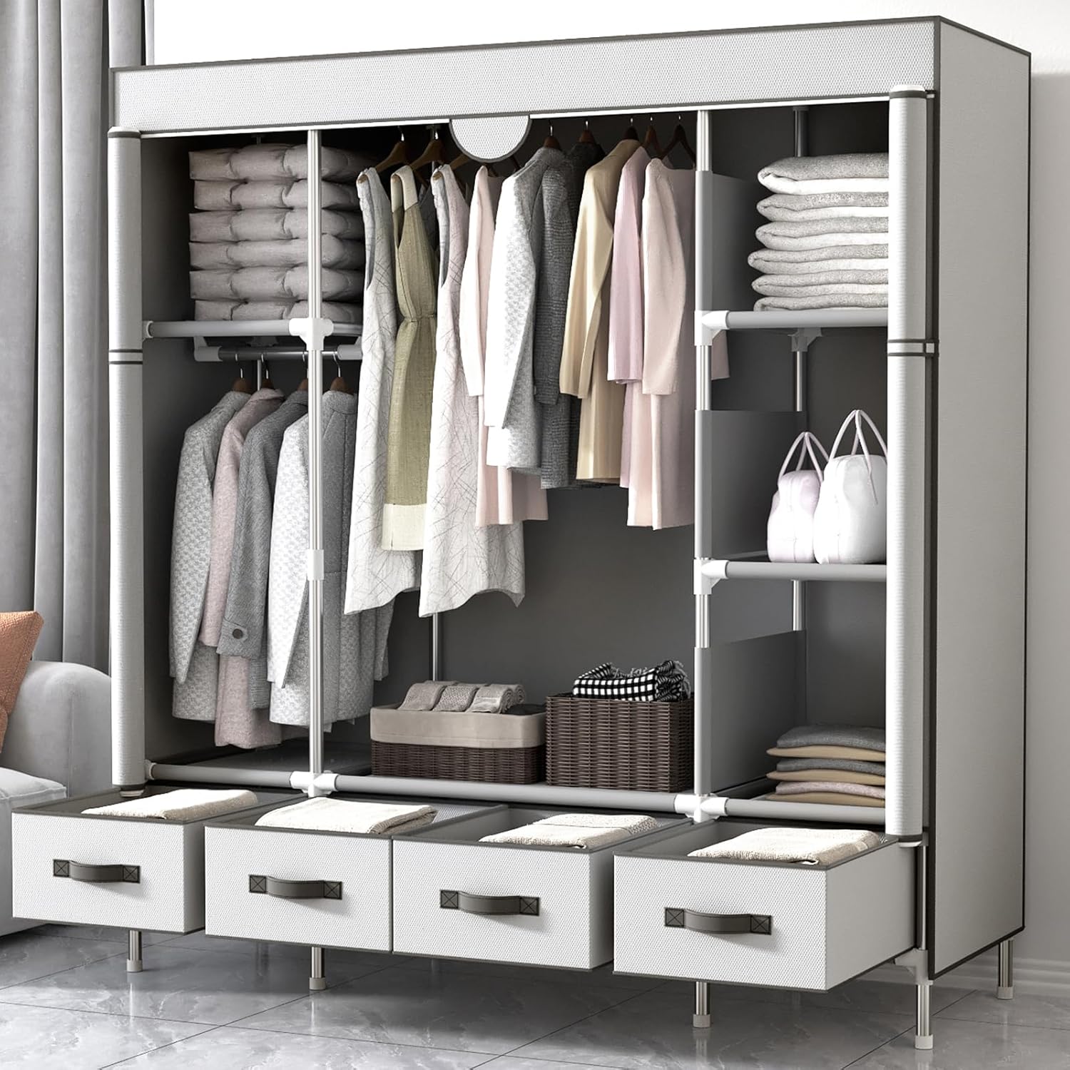 ワードローブ 大容量 収納クローゼット 引き出し4つ付き フードハンガー 簡単組立式 調節可能なスペース 収納棚 防水・防塵・防汚（150×奥行45×高さ170cm） (ライトグレー)